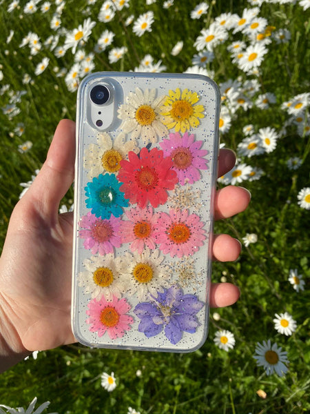 Real Pressed Rainbow Glitter Flower, iPhone Case,Samsung Galaxy S10 S9 S8 S7, iphone case, iphone SE 5 6 6s 7 8 plus x xr xs 11 12 13 pro max case